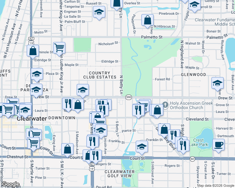 map of restaurants, bars, coffee shops, grocery stores, and more near 200 North Betty Lane in Clearwater