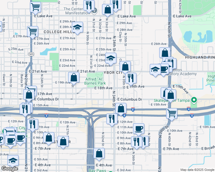 map of restaurants, bars, coffee shops, grocery stores, and more near 2804 North 33rd Street in Tampa