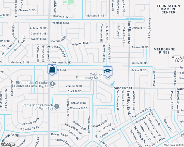 map of restaurants, bars, coffee shops, grocery stores, and more near 1068 Salina Street Southeast in Palm Bay