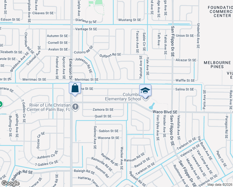 map of restaurants, bars, coffee shops, grocery stores, and more near 1020 Salina Street Southeast in Palm Bay