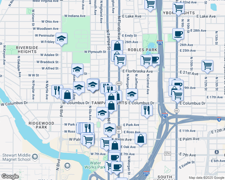 map of restaurants, bars, coffee shops, grocery stores, and more near 107 East Gladys Street in Tampa
