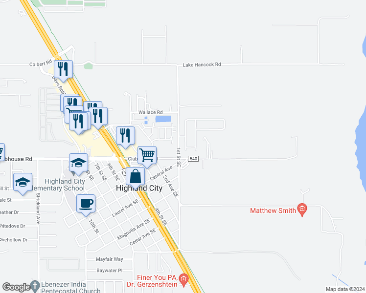 map of restaurants, bars, coffee shops, grocery stores, and more near 4512 Great Blue Heron Drive in Lakeland