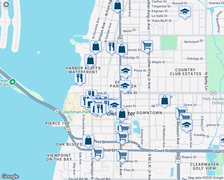 map of restaurants, bars, coffee shops, grocery stores, and more near 632 Drew Street in Clearwater