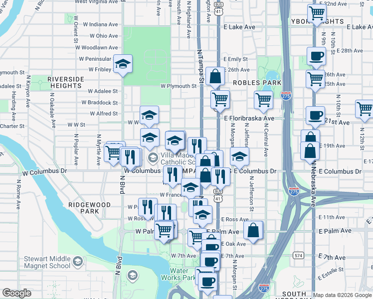 map of restaurants, bars, coffee shops, grocery stores, and more near 117 West Gladys Street in Tampa