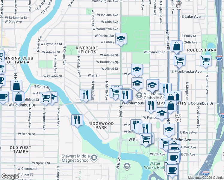 map of restaurants, bars, coffee shops, grocery stores, and more near 706 West Plaza Place in Tampa