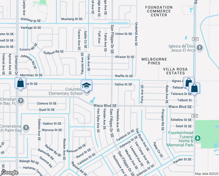 map of restaurants, bars, coffee shops, grocery stores, and more near 542 San Filippo Drive Southeast in Palm Bay