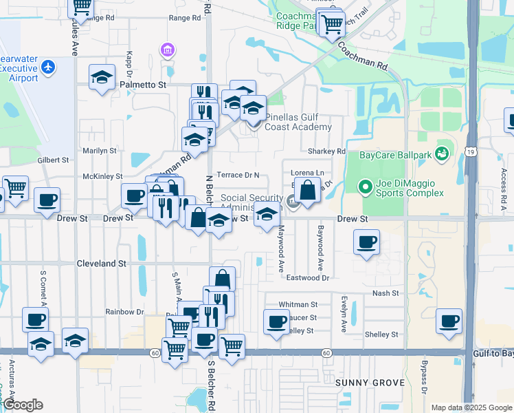 map of restaurants, bars, coffee shops, grocery stores, and more near 2280 Norman Drive in Clearwater