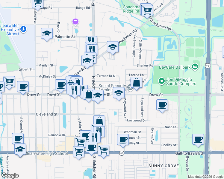 map of restaurants, bars, coffee shops, grocery stores, and more near 2280 Norman Drive in Clearwater