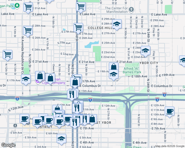map of restaurants, bars, coffee shops, grocery stores, and more near 2410 East 19th Avenue in Tampa
