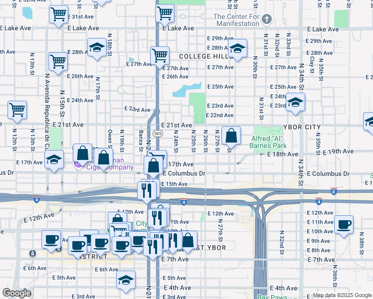 map of restaurants, bars, coffee shops, grocery stores, and more near 2410 East 19th Avenue in Tampa