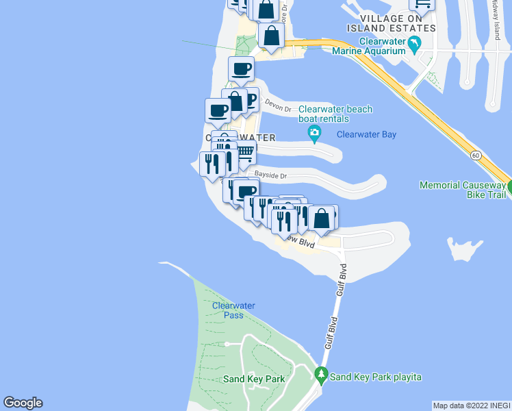 map of restaurants, bars, coffee shops, grocery stores, and more near 530 South Gulfview Boulevard in Clearwater