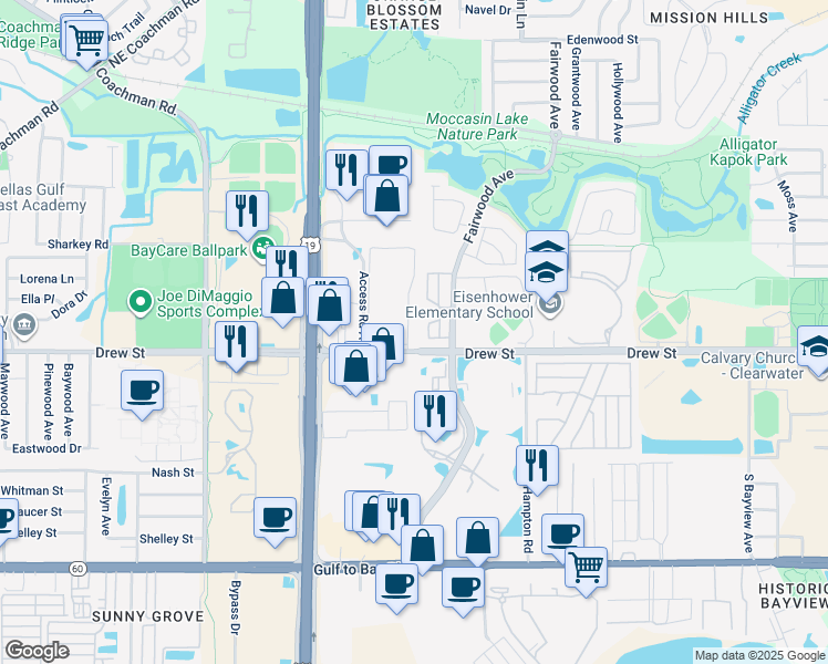 map of restaurants, bars, coffee shops, grocery stores, and more near 2698 Drew Street in Clearwater