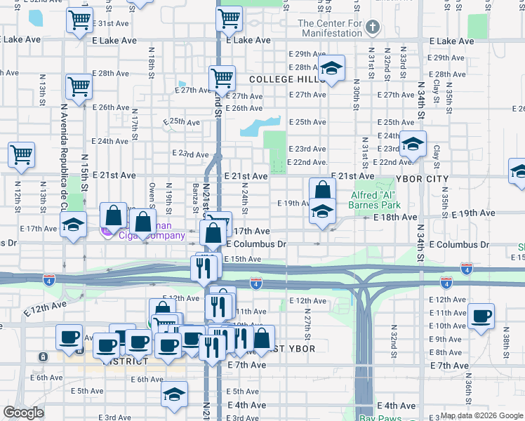 map of restaurants, bars, coffee shops, grocery stores, and more near 2410 East 19th Avenue in Tampa
