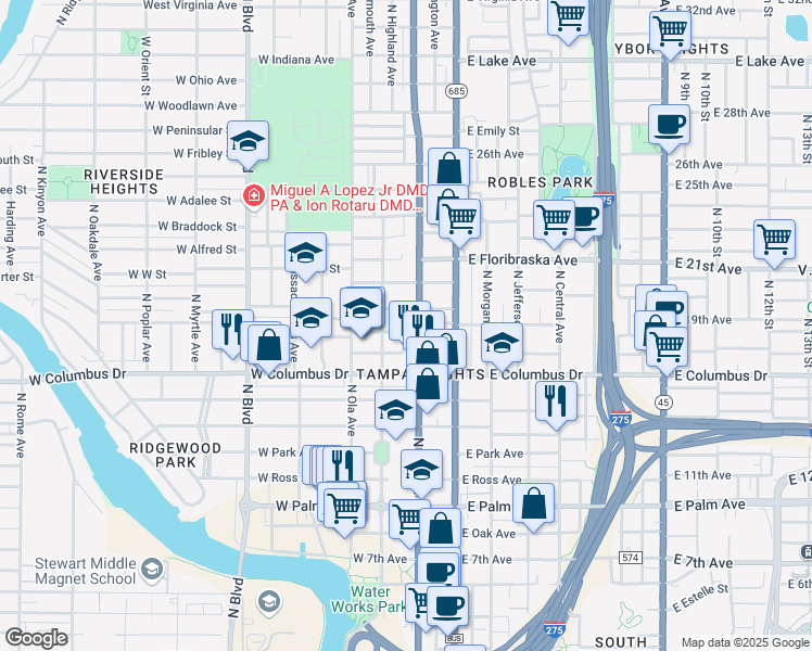 map of restaurants, bars, coffee shops, grocery stores, and more near 2808 North Tampa Street in Tampa