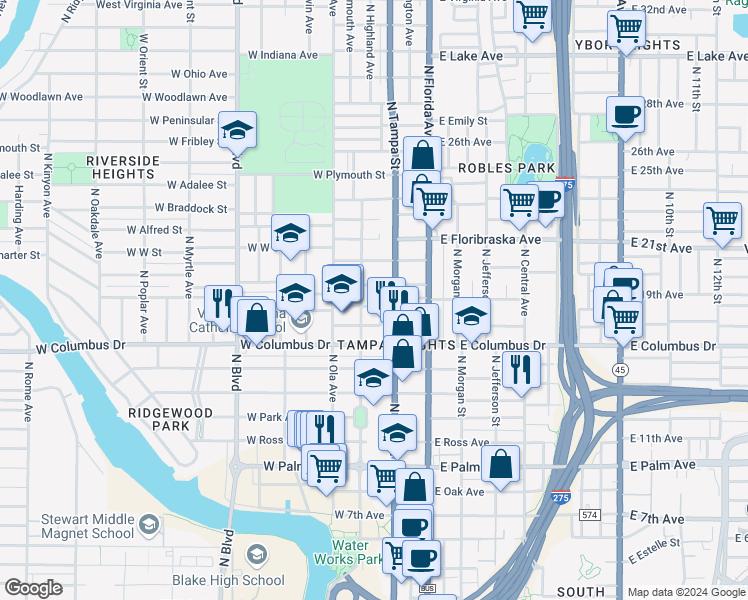 map of restaurants, bars, coffee shops, grocery stores, and more near 2810 North Highland Avenue in Tampa