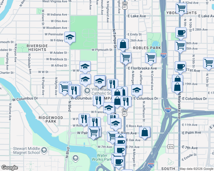 map of restaurants, bars, coffee shops, grocery stores, and more near 2810 North Highland Avenue in Tampa