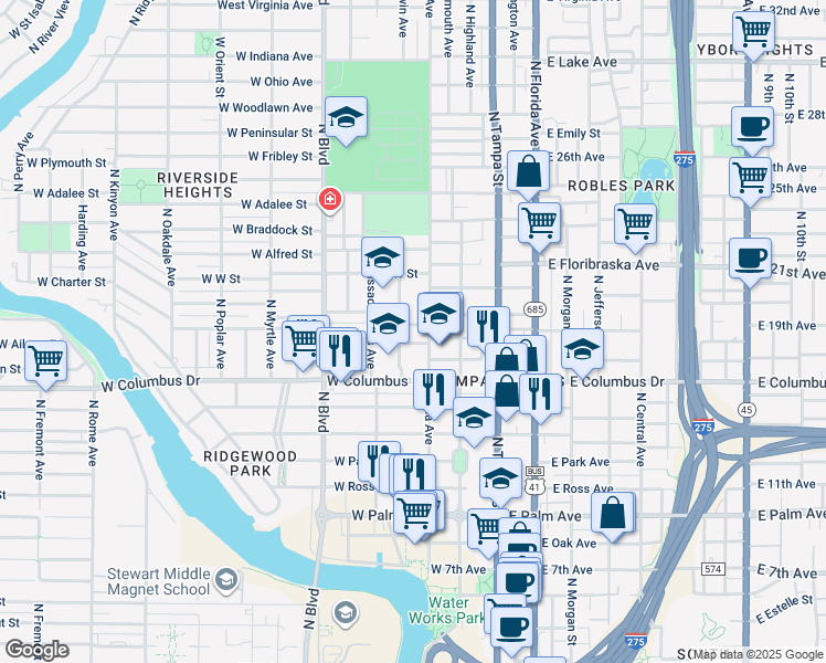 map of restaurants, bars, coffee shops, grocery stores, and more near 307 West Warren Avenue in Tampa