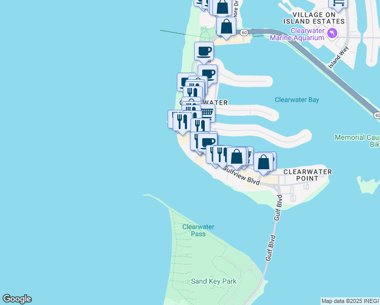 map of restaurants, bars, coffee shops, grocery stores, and more near 440 South Gulfview Boulevard in Clearwater