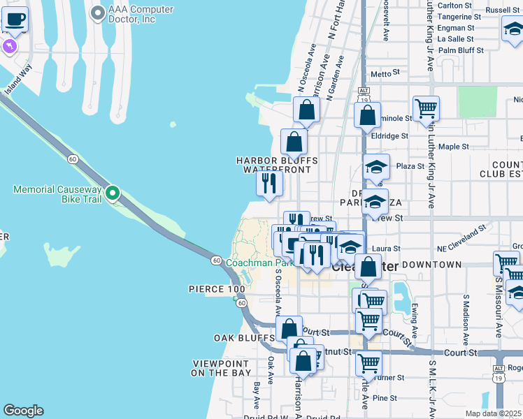 map of restaurants, bars, coffee shops, grocery stores, and more near 200 North Osceola Avenue in Clearwater