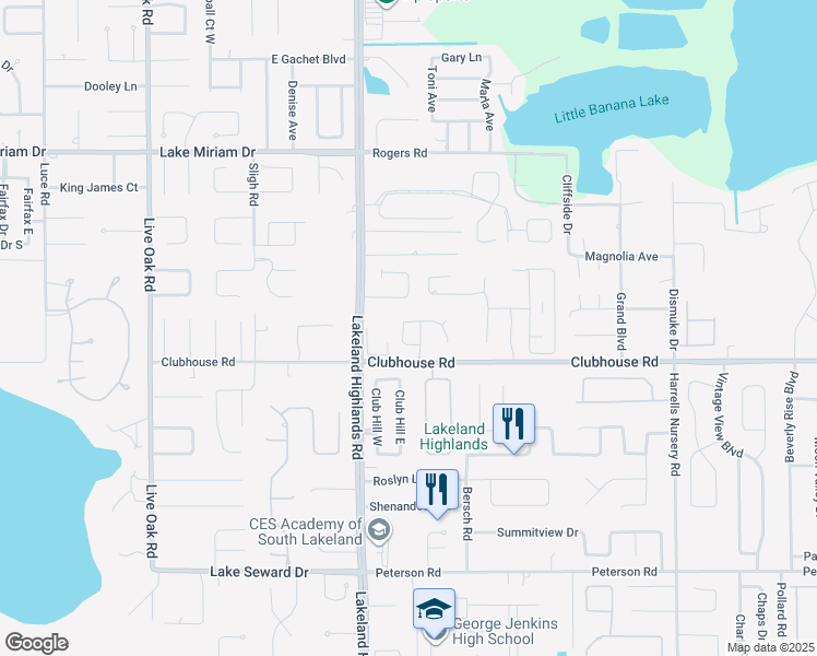 map of restaurants, bars, coffee shops, grocery stores, and more near 2330 Miles Court in Lakeland