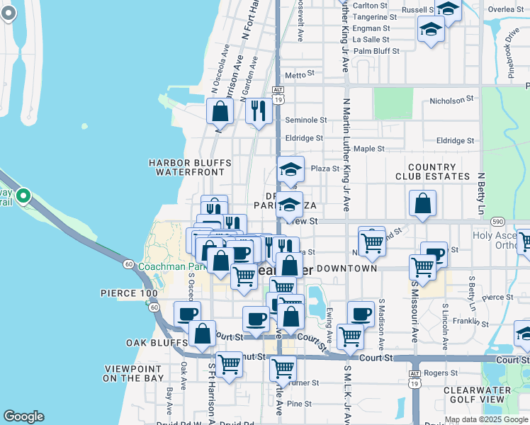 map of restaurants, bars, coffee shops, grocery stores, and more near 632 Drew Street in Clearwater