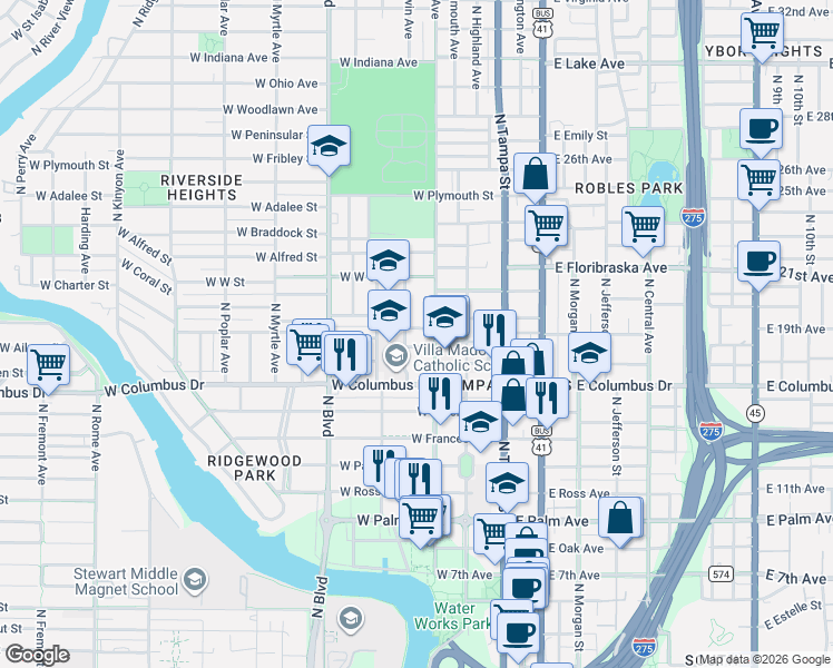 map of restaurants, bars, coffee shops, grocery stores, and more near 307 West Warren Avenue in Tampa