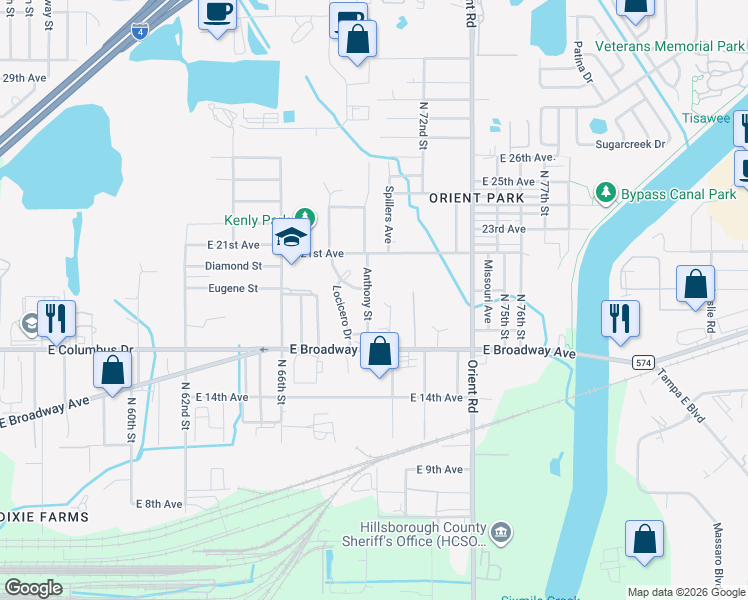 map of restaurants, bars, coffee shops, grocery stores, and more near 2819 Anthony Street in Tampa