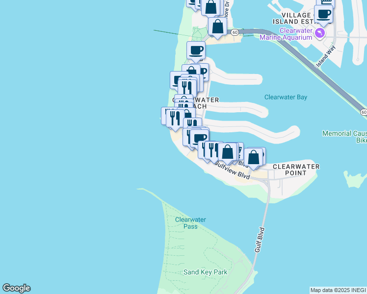 map of restaurants, bars, coffee shops, grocery stores, and more near 440 South Gulfview Boulevard in Clearwater