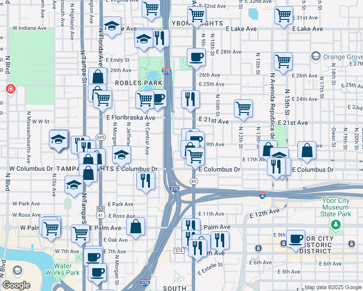 map of restaurants, bars, coffee shops, grocery stores, and more near 802 East Mathews Street in Tampa