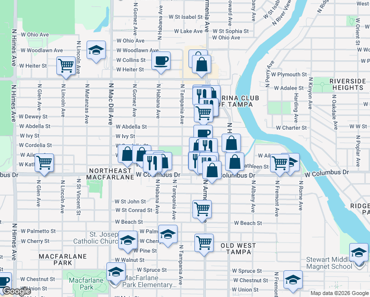 map of restaurants, bars, coffee shops, grocery stores, and more near 2519 West Cordelia Street in Tampa