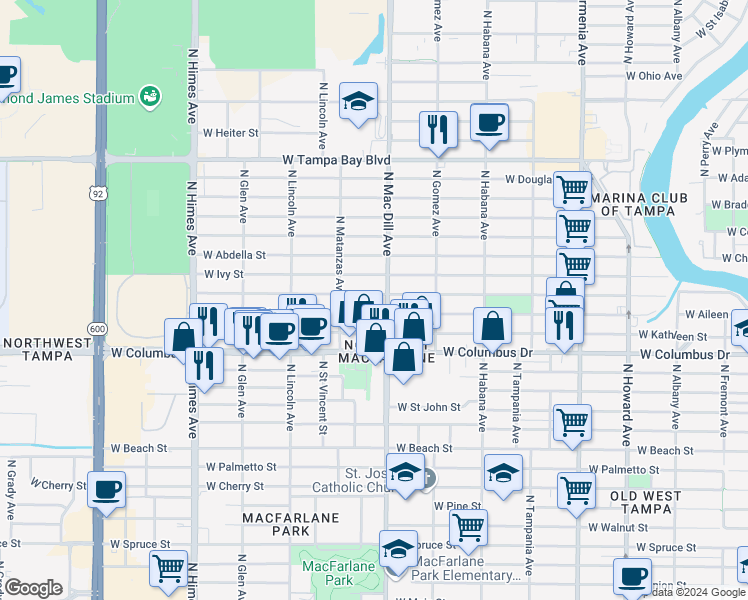 map of restaurants, bars, coffee shops, grocery stores, and more near 3109 West Cordelia Street in Tampa