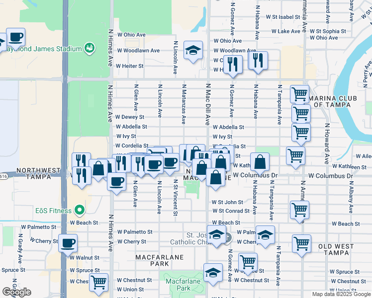 map of restaurants, bars, coffee shops, grocery stores, and more near 3203 West Cordelia Street in Tampa