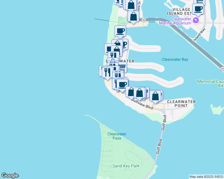 map of restaurants, bars, coffee shops, grocery stores, and more near 440 South Gulfview Boulevard in Clearwater