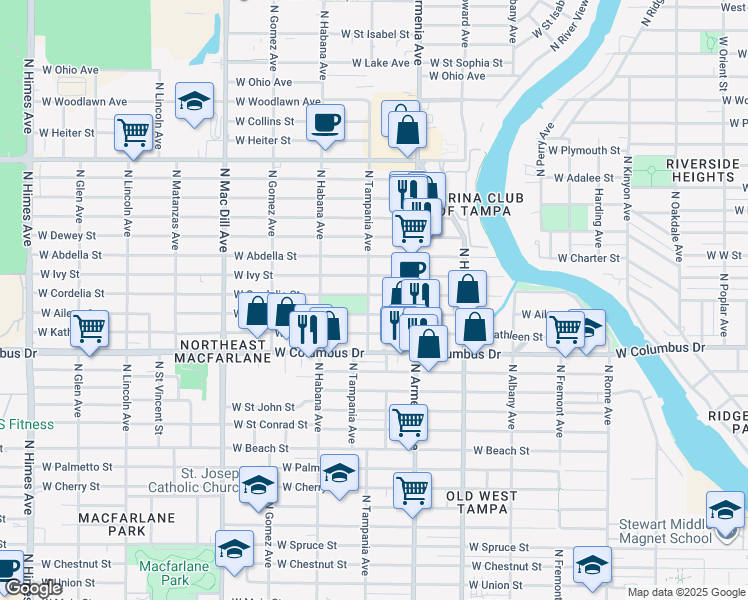 map of restaurants, bars, coffee shops, grocery stores, and more near 2519 West Cordelia Street in Tampa