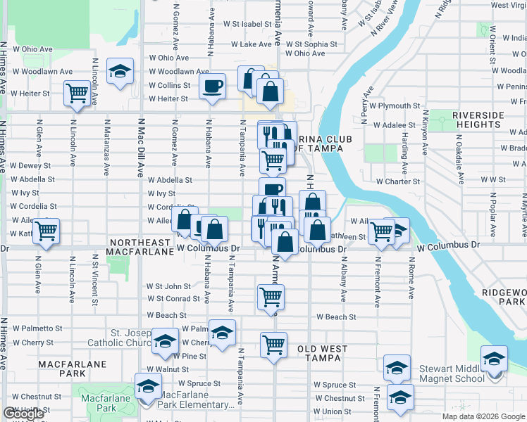 map of restaurants, bars, coffee shops, grocery stores, and more near in Tampa