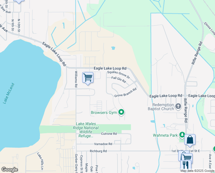 map of restaurants, bars, coffee shops, grocery stores, and more near 543 Squires Grove Drive in Winter Haven