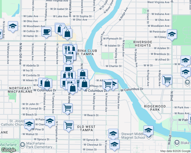 map of restaurants, bars, coffee shops, grocery stores, and more near 3230 North Rome Avenue in Tampa