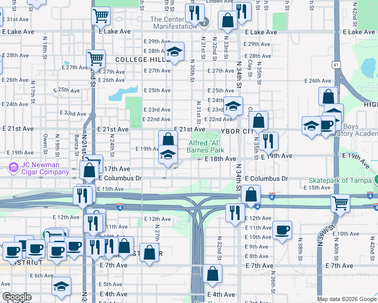 map of restaurants, bars, coffee shops, grocery stores, and more near 2919 East 19th Avenue in Tampa