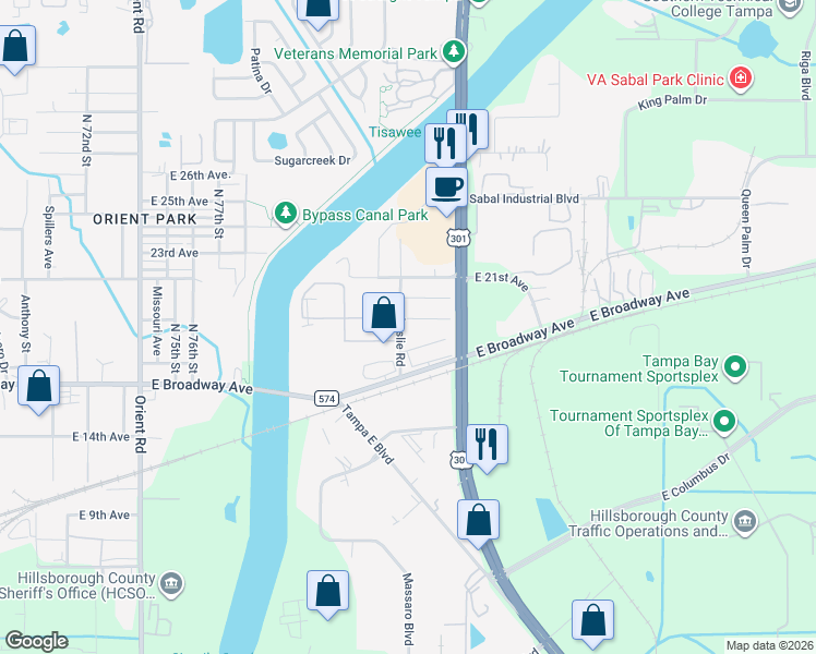 map of restaurants, bars, coffee shops, grocery stores, and more near 8107 East 19th Avenue in Tampa