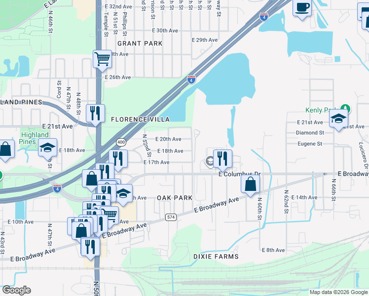 map of restaurants, bars, coffee shops, grocery stores, and more near 2904 North 56th Street in Tampa