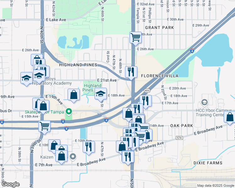 map of restaurants, bars, coffee shops, grocery stores, and more near 4806 East 18th Avenue in Tampa
