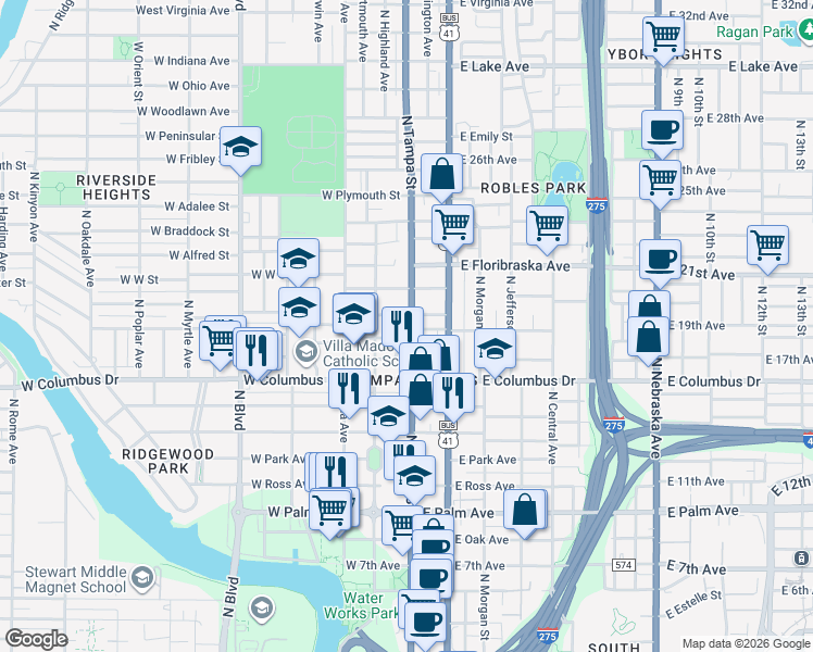 map of restaurants, bars, coffee shops, grocery stores, and more near 2808 North Tampa Street in Tampa