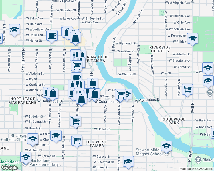 map of restaurants, bars, coffee shops, grocery stores, and more near 3230 North Rome Avenue in Tampa