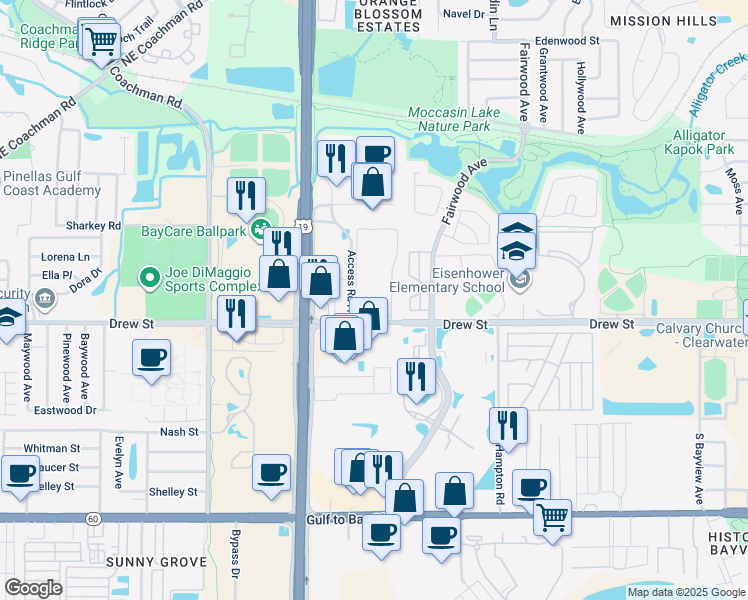 map of restaurants, bars, coffee shops, grocery stores, and more near 2698 Drew Street in Clearwater