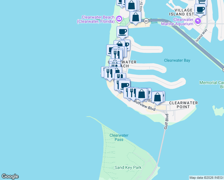 map of restaurants, bars, coffee shops, grocery stores, and more near 440 South Gulfview Boulevard in Clearwater