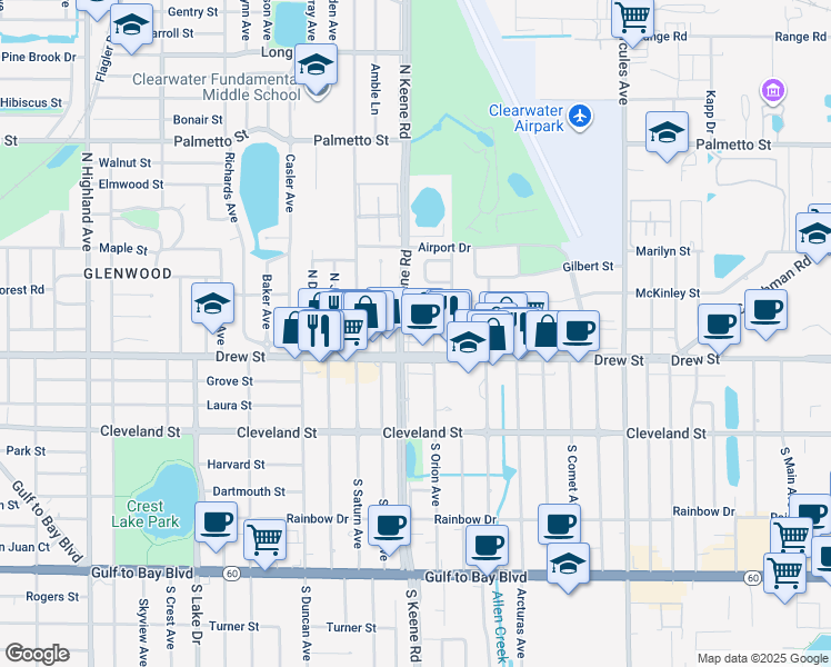 map of restaurants, bars, coffee shops, grocery stores, and more near 215 Weber Avenue in Clearwater