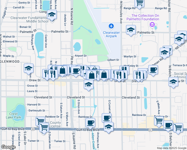 map of restaurants, bars, coffee shops, grocery stores, and more near 1885 Harding Street in Clearwater