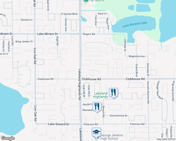 map of restaurants, bars, coffee shops, grocery stores, and more near 2330 Miles Court in Lakeland