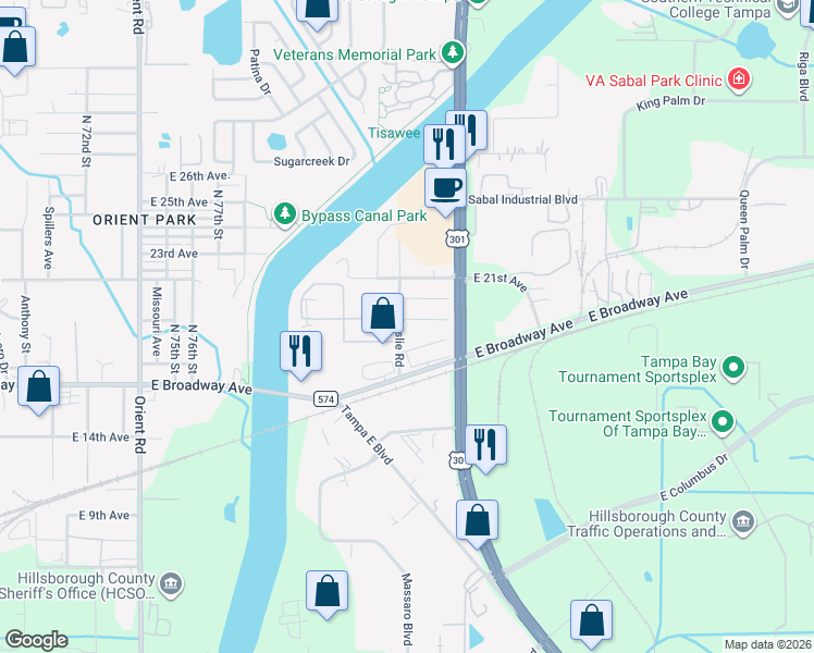 map of restaurants, bars, coffee shops, grocery stores, and more near 8107 East 19th Avenue in Tampa