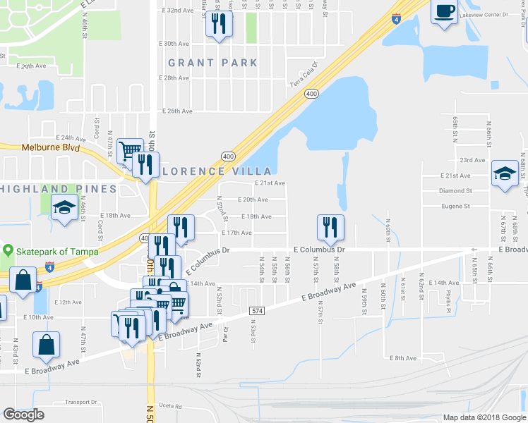 map of restaurants, bars, coffee shops, grocery stores, and more near 5308 East 18th Avenue in Tampa